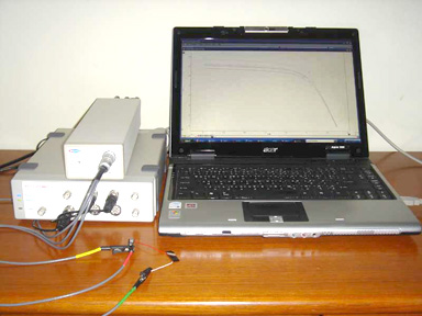 Potentiostat and computer plotting IV curve of a solar cell, fuel cell, open-circuit potential and the short-circuit current